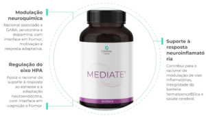 Infográfico do MEDIATE® com racional de suporte ao estresse, eixo HPA, modulação neuroquímica e resposta neuroinflamatória.
