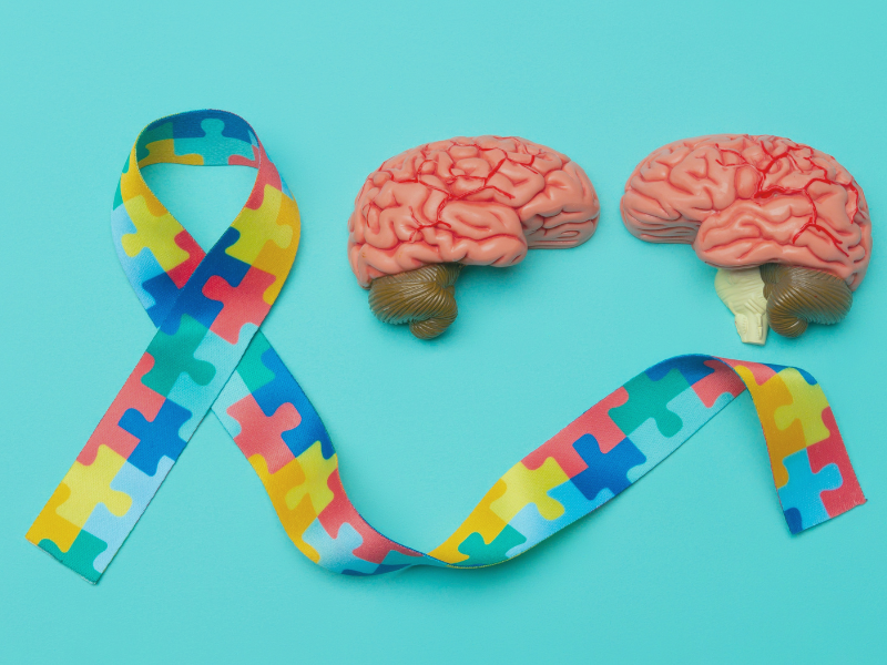 laço do autismo com cerebro representando neuroplasticidade no TDAH e TEA