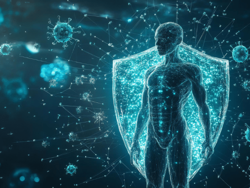 Ilustração digital do corpo humano diante de um escudo e partículas virais, representando doenças imunológicas e a resposta do sistema imunológico.