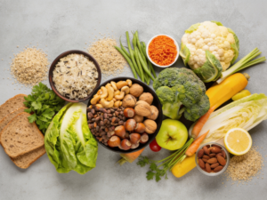 Alimentos ricos em fibras, vegetais, grãos integrais e oleaginosas em conteúdo sobre glicemia alta e alimentação.