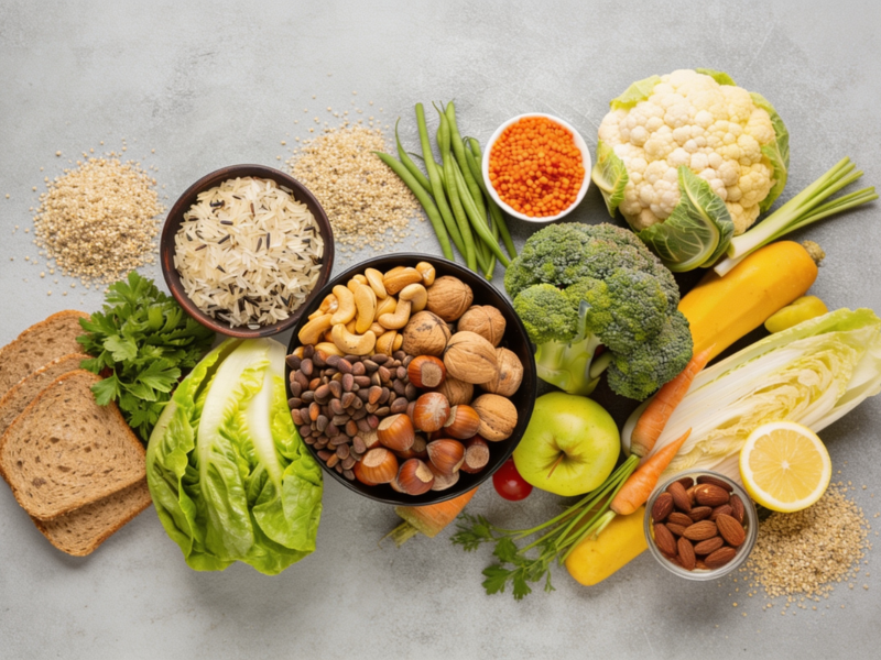 Alimentos ricos em fibras, vegetais, grãos integrais e oleaginosas em conteúdo sobre glicemia alta e alimentação.