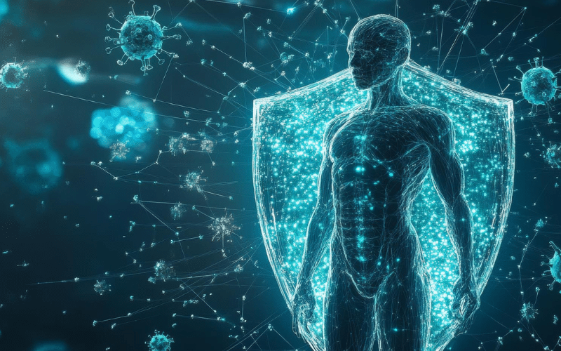 Ilustração digital do corpo humano diante de um escudo e partículas virais, representando doenças imunológicas e a resposta do sistema imunológico.