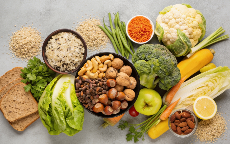 Alimentos ricos em fibras, vegetais, grãos integrais e oleaginosas em conteúdo sobre glicemia alta e alimentação.